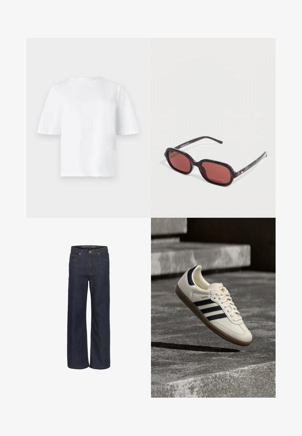 Enkelt hvid T-shirt med korte ærmer og rund halsudskæring, vist fladt mod en lysegrå baggrund.; Mørk denim brede bukser med høj talje, som har fem lommer, kontrastsyning og en rå kant nederst.; Hvid Adidas Samba sneaker med sorte striber og gummsål, svævende over teksturerede grå betonstrin.; Brille med skildpaddeskal og ovale stel, med rødlige linser og tynde stænger. Har en lille guldfarvet detalje og mærkning ved brillestangen.