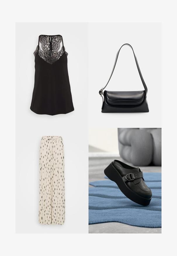 Camisole noire avec des détails en dentelle au niveau du décolleté en V et du dos. Dispose de bretelles ajustables et d'une texture de tissu lisse. Coupe regular.; Jupe maxi crème avec des motifs en losange noirs et floraux, en tissu plissé, avec un détail de taille à nouer et un design fluide.; Mule plateforme en cuir noir avec un grand détail de boucle reposant sur un tapis bleu texturé et ondulé, avec un arrière-plan gris flou.; Sac à main en cuir noir avec une forme structurée, une texture lisse et une seule bandoulière. Présente un design de rabat arrondi et subtil.
