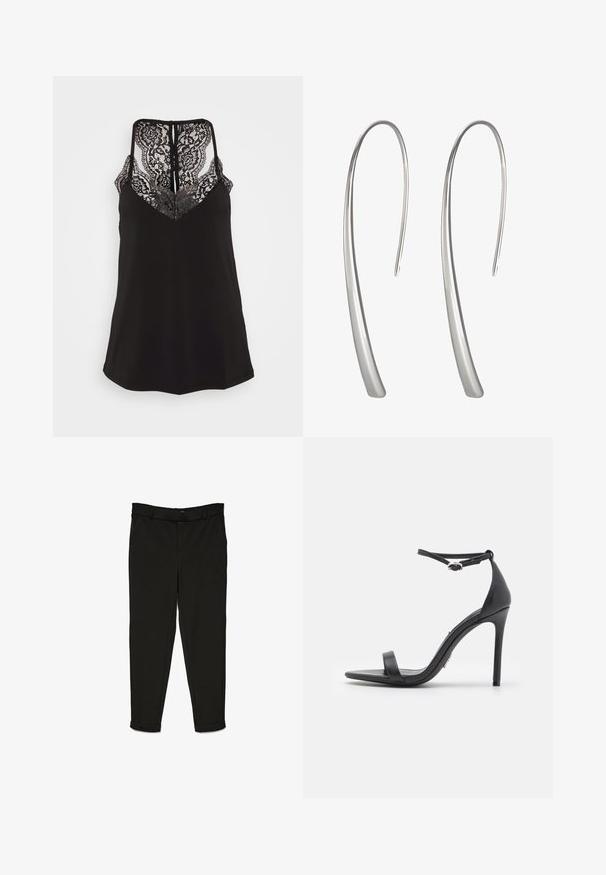 Camiseta negra de tirantes con detalles de encaje en el escote en V y la espalda. Presenta tirantes ajustables y una textura de tela suave. Corte regular.; Pantalones negros de tela tejida, con un diseño de corte recto, parte delantera plana y puños en los tobillos para un aspecto estilizado.; Sandalias de tacón alto negras con punta abierta, tiras delgadas y hebilla en el tobillo. Textura de cuero suave con un diseño de punta afilada.; Pendientes largos de plata en forma de gota con un diseño elegante y alargado y una superficie lisa y pulida. Presentan una forma minimalista y curva.