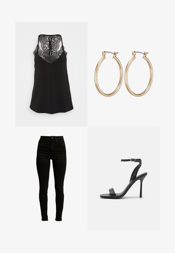 Sort cami med blonderdetaljer ved V-udskæringen og ryggen. Har justerbare stropper og en glat stoffascist. Regular fit.; Sorte højtaljede skinny jeans fremstillet af denim med let stræk, med lynlås, enkelt knaplukning og fem-lomme design.; Sort højhælet sandal med en slank ankelrem og to forreste bånd. Lavet af glat læder med en slank spids tå og stilettohæl.; Guldfarvede metal hoops øreringe med et glat, cirkulært design og en sikret hængsel-lukning. Letvægts med en poleret overflade.