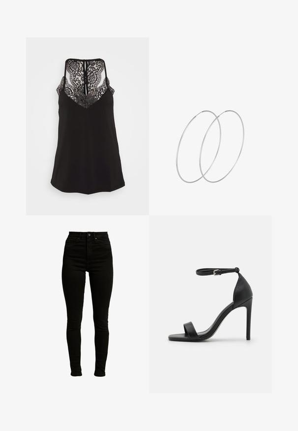 Sort cami med blonderdetaljer ved V-udskæringen og ryggen. Har justerbare stropper og en glat stoffascist. Regular fit.; Sorte højtaljede skinny jeans fremstillet af denim med let stræk, med lynlås, enkelt knaplukning og fem-lomme design.; Sort højhælet sandal med et sleek design, der har en ankelrem, åben tå og glat lædertekstur.; Sølvøreringe med et minimalistisk design. Cirkulær form, glat tekstur og tynd profil. Letvægtige med en poleret overflade.