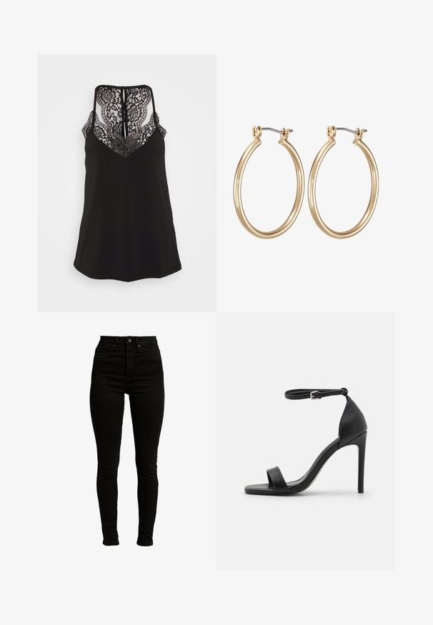 Sort cami med blonderdetaljer ved V-udskæringen og ryggen. Har justerbare stropper og en glat stoffascist. Regular fit.; Sorte højtaljede skinny jeans fremstillet af denim med let stræk, med lynlås, enkelt knaplukning og fem-lomme design.; Sort højhælet sandal med et sleek design, der har en ankelrem, åben tå og glat lædertekstur.; Guldfarvede metal hoops øreringe med et glat, cirkulært design og en sikret hængsel-lukning. Letvægts med en poleret overflade.