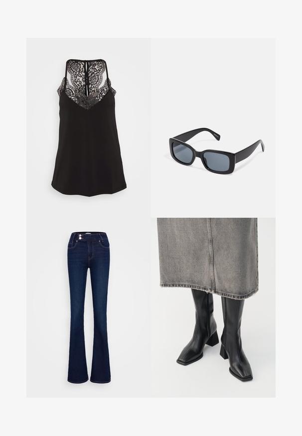 Camiseta negra de tirantes con detalles de encaje en el escote en V y la espalda. Presenta tirantes ajustables y una textura de tela suave. Corte regular.; Vaqueros azules oscuros acampanados hechos de mezclilla, con cintura alta, dos bolsillos delanteros y cierre de cremallera y botón con costuras en contraste.; Botas negras hasta la rodilla de cuero liso con punta cuadrada y tacón cuadrado. Llevadas con una falda de mezclilla gris con dobladillo desflecado.; Gafas de sol rectangulares negras con lentes oscuros, montura de plástico grueso y patillas anchas. Superficie lisa y diseño anguloso.
