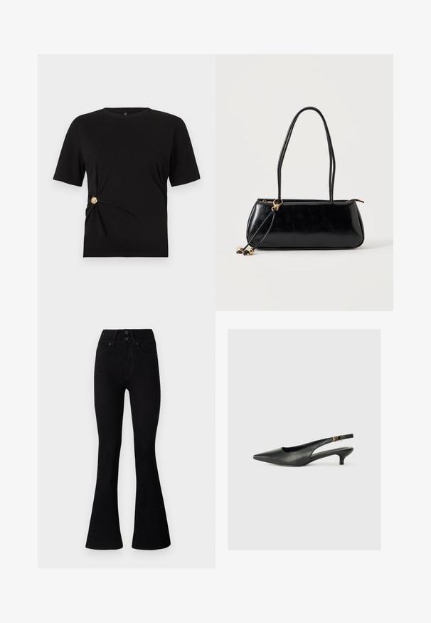 Zwart T-shirt met korte mouwen van gladde stof, met een geknoopt detail aan de zijkant en een gouden decoratieve knoop.; Pepe Jeans FLARE CONTOUR - Flared Jeans - black denim; Zwarte puntschoen met slingback van soepel leer. Kenmerkt zich door een dunne hak en een gespdetail op de verstelbare band.; Zwarte rechthoekige handtas met twee lange bandjes, gouden ringdetail en ritssluiting op een effen lichte achtergrond.