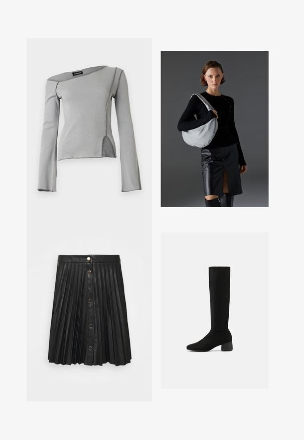 Svetlosivý top s dlhými rukávmi, asymetrickým výstrihom, viditeľnými švami a detailom s bočným predným rozparkom.; VILA VIAMINA SHORT BUTTON COATED SKIRT - Skladaná sukňa - black; Čierna elastická čižma po kolená s guľatým hrubým opätkom a mierne špicatou špičkou, zobrazená z boku na bielom pozadí.; Hobo taška vo svetlo šedej farbe, vyrobená z mäkkého materiálu, zaobleného tvaru. Kombinovaná s čiernym topom s dlhým rukávom a čiernou koženou sukňou s predným rozparkom.