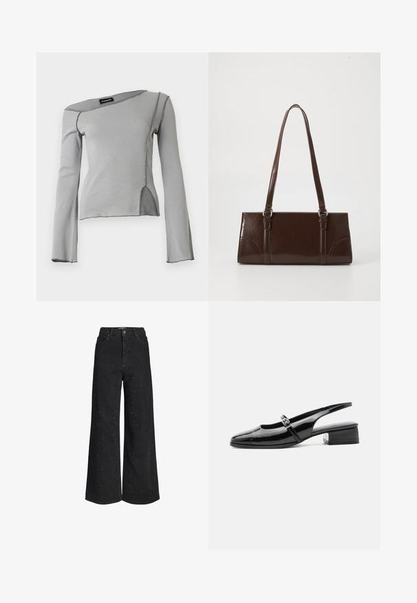 Lichtgrijs longsleeve top met asymmetrische halslijn, zichtbare naden en een splitdetail aan de voorkant.; Zwarte jeans met hoge taille en wijde pijpen, voorzien van subtiele glinsterende versieringen en een klassieke vijfzakkenstijl.; Zwarte lakleren slingback schoen met een lage blokhak en een dunne band met zilveren gesp bovenop.; Bruine lakleren handtas met een rechthoekige vorm, twee lange handvatten en subtiele gebogen accenten aan de voorkant.