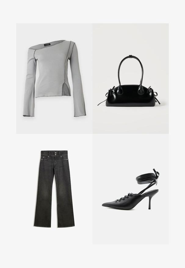 Hellgraues Langarmshirt mit asymmetrischem Halsausschnitt, sichtbaren Nähten und einem vorderen Seitenschlitz.; Schwarze Denim-Straßenhosen mit weitem Bein und einer taillierten Taille, die sichtbare Nähte, zwei Fronttaschen und silberne Beschläge an den Knöpfen aufweisen.; Schwarzer spitzer High-Heel-Schuh mit Schnürung vorne und wickelnden Knöchelriemen, die zu einer Schleife gebunden sind, von der Seite auf weißem Hintergrund gezeigt.; Kleine schwarze glänzende Handtasche mit zwei langen Griffen und seitlichen Kordelzug-Details vor einfachem hellem Hintergrund.