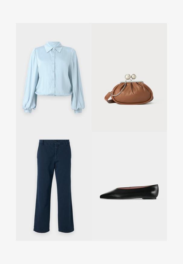 Hofmann Copenhagen FLORA - Hemdbluse - lavender blue; CLOSED SERANDON - Stoffhose - dark night; Schwarzer flacher Damenleder-Schuh mit spitzer Kappe und niedrigem Absatz, von der Seite auf einfarbigem hellgrauem Hintergrund gezeigt.; Braune Leder-Clutch mit silbernem Kugelverschluss und einem kleinen silbernen Kettendetail auf weißem Hintergrund.