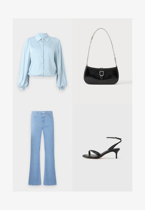 Hofmann Copenhagen FLORA - Blúzka so zapínaním na gombíky - lavender blue; Svetlomodré rozšírené džínsy vyrobené z denimu, s vysokým pásom, päť vrecúškovým dizajnom a kontrastným prešívaním. Hladký povrch s čistým dokončením.; Čierne kožené sandále pre ženy s tenkými remienkami, očkom na palec, prackou na členku a stredne vysokým ihličkovým podpätkom na neutrálom pozadí.; Čierna lakovaná kožená kabelka na rameno so striebornou prackou a strieborným reťazovým remienkom, zobrazená na jednofarebnom svetlom pozadí.