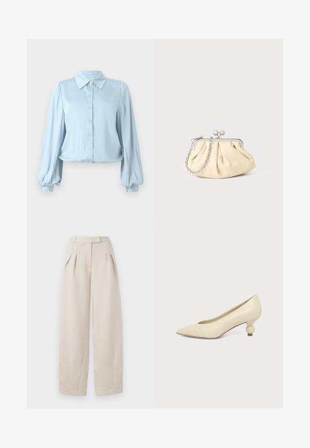 Hofmann Copenhagen FLORA - Chemisier - lavender blue; Pantalons beige taille haute et jambes larges avec des plis à l'avant, passants de ceinture et fermeture discrète à l'avant.; Chaussure femme couleur crème à bout pointu avec un petit talon rond en forme de boule, sur fond uni.; Pochette en cuir beige plissé avec un cadre en métal argenté, dotée de deux fermoirs ronds décoratifs et d'une chaîne en argent.