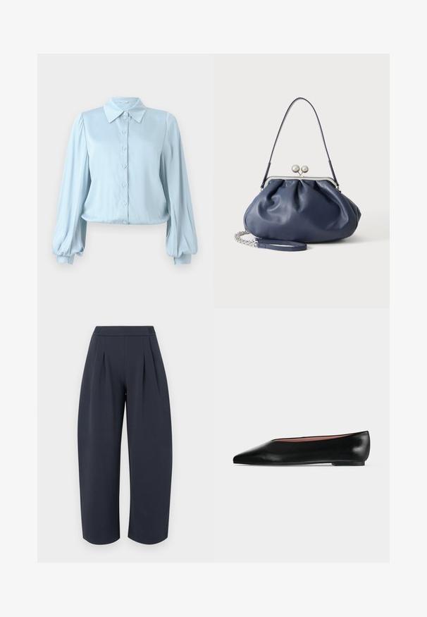 Hofmann Copenhagen FLORA - Chemisier - lavender blue; Pantalon large et court couleur bleu marine foncé avec taille haute et plis à l'avant, présenté sur un fond clair uni.; Chaussure plate en cuir noir pour femme, avec bout pointu et petit talon, vue de côté sur un fond gris clair uni.; Sac à main en cuir bleu marine doux avec fermeture à boucle argentée, une seule bandoulière, et une chaîne de poignet amovible sur fond blanc.