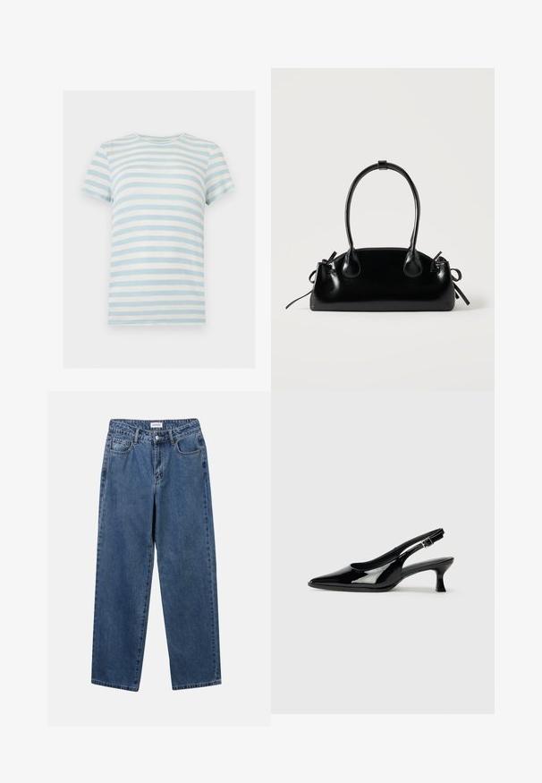 Kurzärmliges, geripptes T-Shirt mit horizontalen hellblauen und weißen Streifen und Rundhalsausschnitt auf weißem Hintergrund.; Klassische blaue Denim-Jeans mit geradem Bein, fünf Taschen und Knopfverschluss. Sie verfügen über eine mittelblau gewaschene Optik und sind aus robuster Textur.; Schwarze Lackleder Slingback-Schuhe mit spitzem Zehenbereich und niedrigem Blockabsatz. Verstellbarer Riemen mit Schnalle am Knöchel.; Kleine schwarze glänzende Handtasche mit zwei langen Griffen und seitlichen Kordelzug-Details vor einfachem hellem Hintergrund.