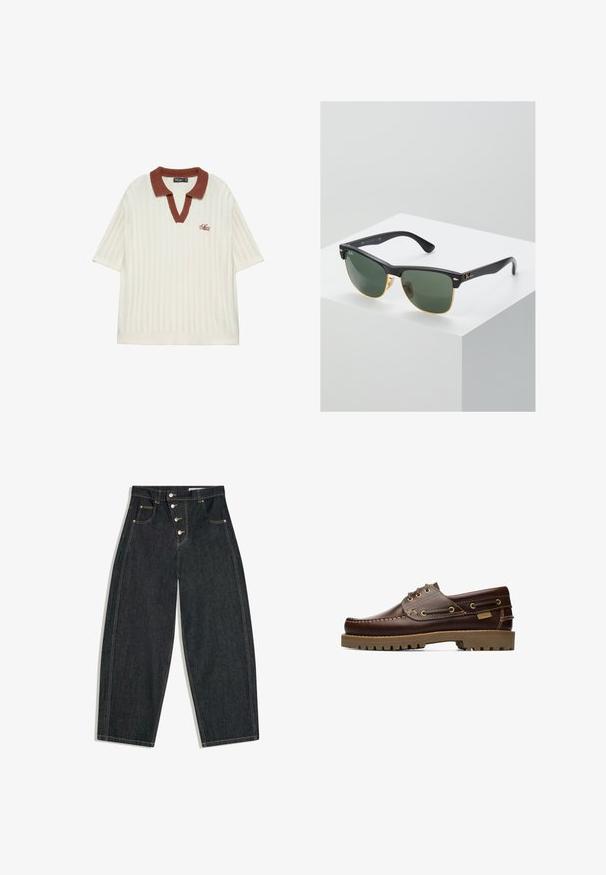 Polo tricoté blanc à manches courtes avec col marron et texte brodé "Easy Mind" sur la poitrine gauche.; Jean en denim noir taille haute avec jambes larges, quatre boutons à l'avant, poches avant avec rivets et surpiqures contrastantes.; Chaussure bateau en cuir marron à lacets avec des détails cousus et une semelle en caoutchouc épaisse, vue de côté.; Lunettes de soleil Ray-Ban avec des verres verts, monture en plastique noir et accents dorés sur les bords. Forme carrée avec une finition mate.
