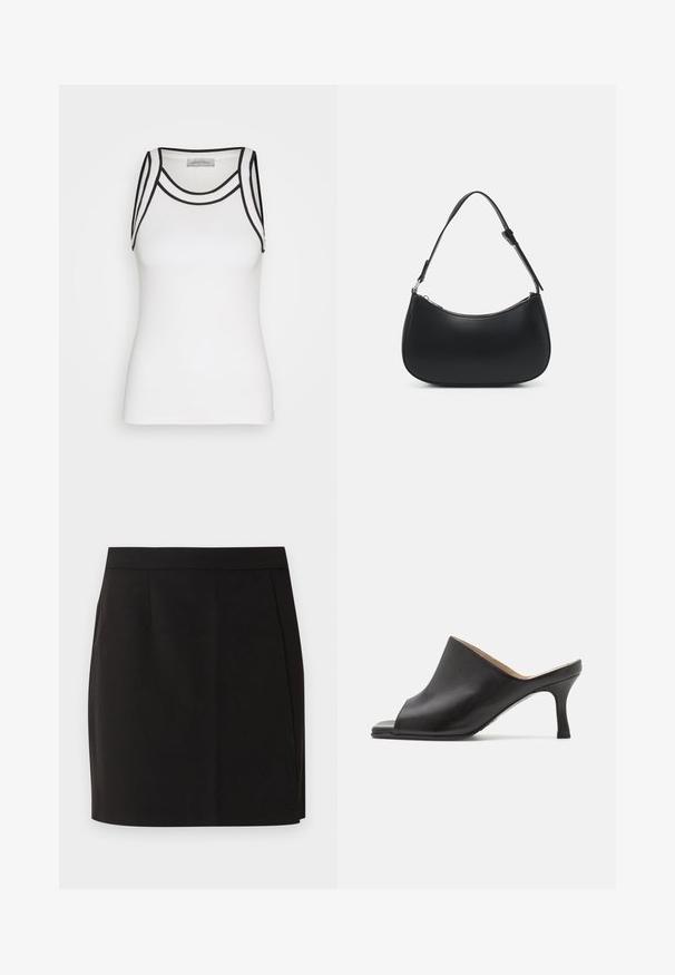 Débardeur blanc en tissu côtelé, avec des accents noirs le long de l'encolure et des emmanchures, présentant une silhouette ajustée.; Jupe droite noire longueur genou avec une taille ajustée et des détails de couture subtils sur fond blanc.; Selected ASHLEY - Mules à talons - black; Pieces PCALUANA SHOULDER BAG - Sac à main - black