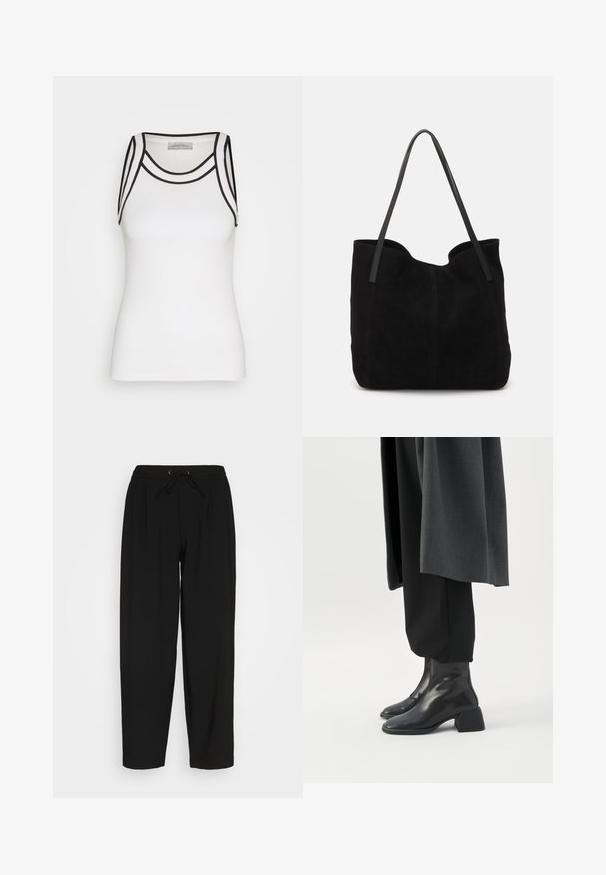 Débardeur blanc en tissu côtelé, avec des accents noirs le long de l'encolure et des emmanchures, présentant une silhouette ajustée.; Pantalons de sport noirs avec une taille élastique et un cordon de serrage. Présente une coupe décontractée et un design à jambe droite. Tissu doux sans motifs.; Bottines en cuir noir à talons blocs bas portées avec un pantalon noir et un long manteau gris foncé.; Sac fourre-tout en suède noir avec deux longues anses en cuir plates. Présente un bord supérieur incurvé et des coutures visibles sur le devant. Pas d'accents en métal.