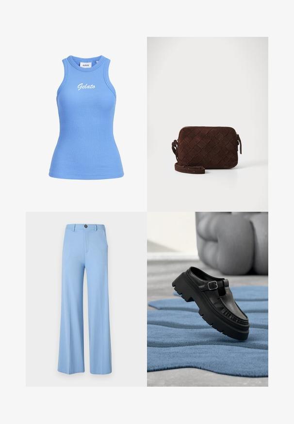 Blå ribbet ærmeløs tanktop med høj halsudskæring og hvid "Gelato" tekst på brystet.; Lys blå vide bukser lavet af et glat stof, med knaplukning og forlommer. Rent, skræddersyet design uden mønstre.; Sort læderloafer med chunky profil sål og sølvspænde, placeret i en vinkel på et struktureret blåt tæppe.; Brun ruskind crossbody taske med et vævet design, lynlåslukning og en justerbar rem. Har en slank, rektangulær form.