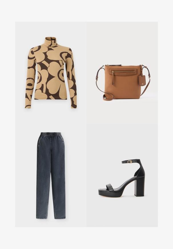 Beige højhalset sweater med lange ærmer og store mørkebrune abstrakte blomsterprint.; Sort vaskede denim joggerbukser med elastisk taljebånd og sidelommer, vist fladt på en lys baggrund.; Sorte platform sandaler med en tykk blokhæl, glat lædermateriale, åbent tådesign og en ankelrem med en guldspænde detalje.; Brun læder crossbody-taske med lynlåslomme foran, justerbar rem og hængende logo-tag på hvid baggrund.