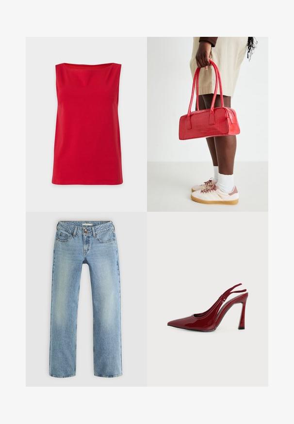 Ärmelloses, leuchtend rotes Oberteil mit geradem Schnitt und hohem Ausschnitt, präsentiert vor einem schlichten, hellen Hintergrund.; Hellblaue gerade geschnittene Jeans aus Denim, mit Knopfverschluss, fünf Taschen und subtiler Ausbleichung entlang der Beine.; Glänzender dunkelroter Damen-Pumps mit Slingback, spitzer Spitze und dünnem, gebogenem Absatz auf weißem Hintergrund.; Rote Handtasche mit Krokodilprägung, zwei Griffen und einem Reißverschluss. Rechteckige Form, glatte Textur und glänzende Oberfläche.