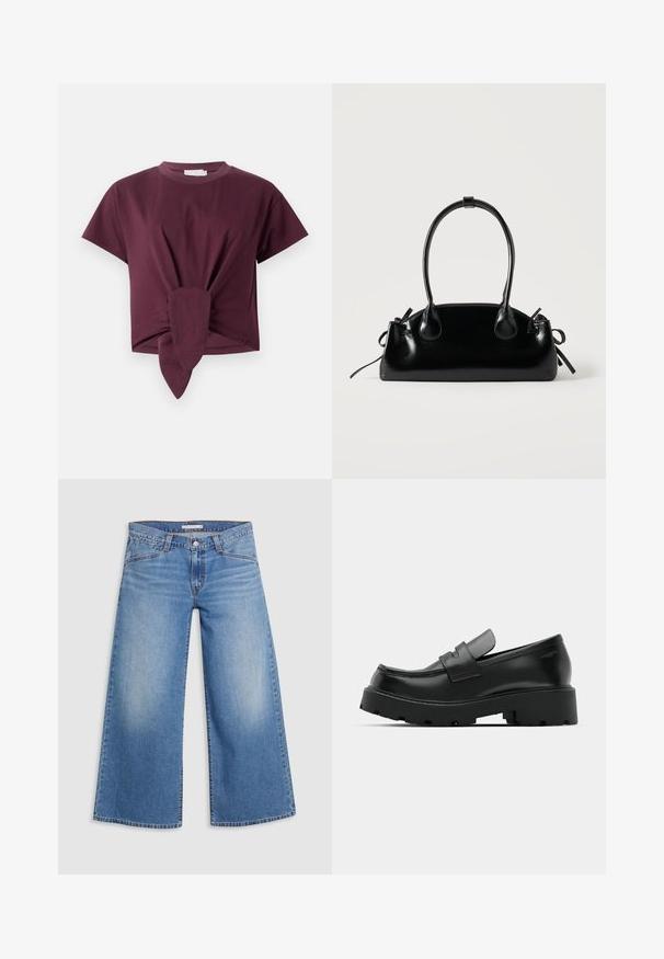 Bordeaux kortærmet t-shirt lavet af bomuld, med en knude detalje i taljen og et klassisk rund halsudskæring.; Lysblå vidde jeans lavet af denim, med høj talje, klassisk fem-lomme design og subtile falmning langs benene.; Sorte læder loafers med en chunky tekstureret sål, der har en rem over vamps og en glat, poleret finish.; Lille sort blank håndtaske med to lange håndtag og snøre-detaljer i siden på en ensfarvet lys baggrund.
