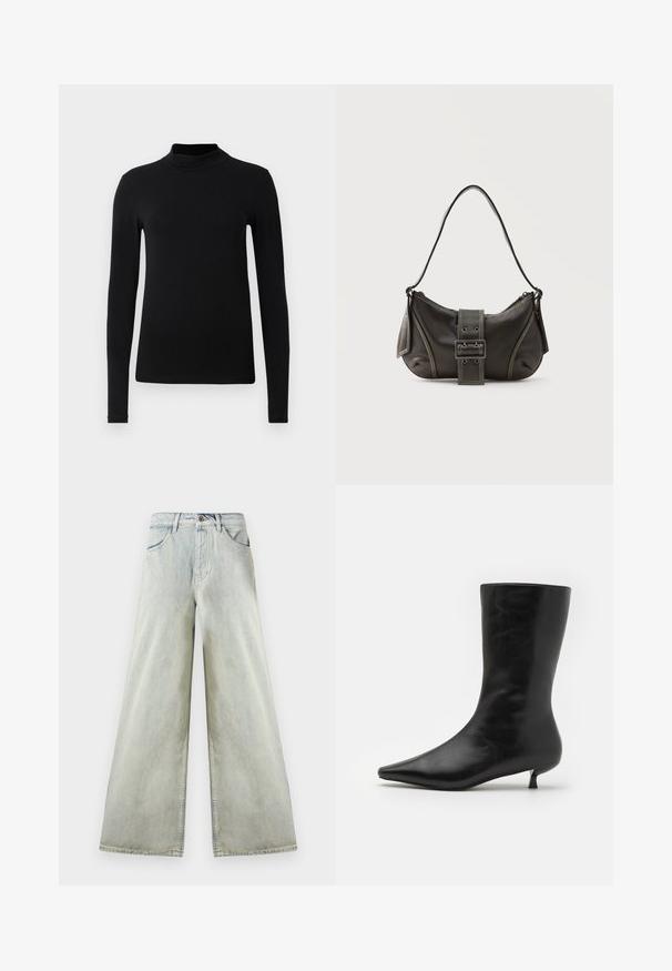 Sort langærmet turtleneck skjorte lavet af glat stof; tætsiddende design med høj krave og ingen synlige sømme. Enkel, ensfarvet.; Højtaljede, lyse, vidde-bens denimjeans med forlommer, bæltestropper og en brun knaplukning ved taljen.; Sort læder ankelstøvle med spids tå, tætsiddende silhuet og lav, konisk hæl. Glat tekstur, minimalistisk design.; Sort læder skuldertaske med spænde på remmen, afrundede kanter og kontrasterende hvide syninger på en ensfarvet baggrund.