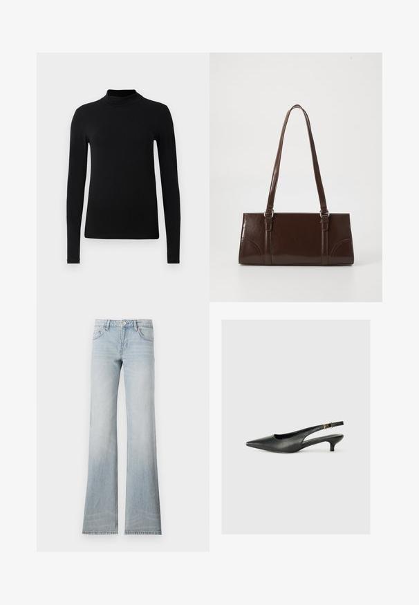 Chemise à col roulé noir à manches longues en tissu lisse ; design ajusté avec un col haut et sans coutures visibles. Couleur unie et simple.; Jean flare en denim bleu clair avec une finition délavée, cinq poches et une fermeture à bouton. Le tissu a une texture lisse et un léger stretch.; Chaussure slingback noire à bout pointu en cuir lisse. Présente un talon fin et un détail de boucle sur la sangle réglable.; Sac à main en cuir verni marron de forme rectangulaire, avec deux longues poignées et des accents courbés subtils à l'avant.
