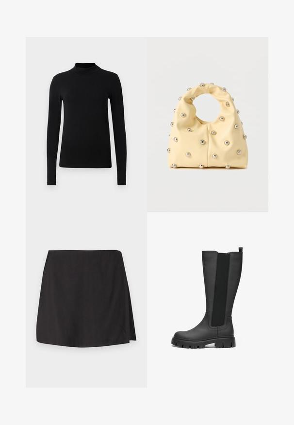 Schwarzes Langarm-Turtleneck-Shirt aus glattem Stoff; figurbetontes Design mit hohem Kragen und ohne sichtbare Nähte. Einfache, einfarbige Ausführung.; Schwarzer Rock aus glattem Stoff mit geradem Schnitt und einem Schlitz auf einer Seite. Einfaches Design ohne Muster oder Verzierungen.; Schwarze Gummistiefel bis zum Knie mit glatter Oberfläche, elastischen seitlichen Einsätzen und robusten, dicken Sohlen für zusätzlichen Halt und Stabilität.; Weiche, gelbe Handtasche mit rundem Griff, verziert mit gleichmäßig angeordneten kleinen silbernen Metallnieten auf glatter Oberfläche.