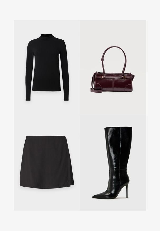 Schwarzes Langarm-Turtleneck-Shirt aus glattem Stoff; figurbetontes Design mit hohem Kragen und ohne sichtbare Nähte. Einfache, einfarbige Ausführung.; Schwarzer Rock aus glattem Stoff mit geradem Schnitt und einem Schlitz auf einer Seite. Einfaches Design ohne Muster oder Verzierungen.; Schwarze Leder-Knielange Stiefel mit spitzem Schuh und hohem Stiletto-Absatz. Glatte Textur und elegantes Design, das sich durch minimale Details auszeichnet.; Dunkelburgunderrote rechteckige Lederhandtasche mit zwei Griffen, verstellbaren seitlichen Schnallen und einem dünnen, abnehmbaren Schulterriemen vor weißem Hintergrund.