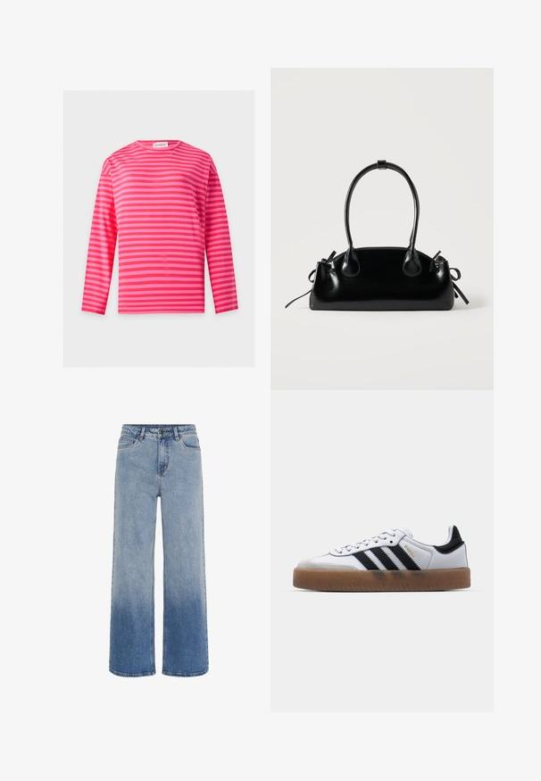 Langärmeliges Hemd mit horizontalen, leuchtend pinken und roten Streifen und rundem Ausschnitt auf neutralem Hintergrund.; Hochtaillierte blaue Jeans aus Denim mit weitem Bein und einem Farbverlauf von hellblau zu dunkelblau am Saum.; Weiße Leder Sneakers mit schwarzen Streifen, Gummigummi-Außensohle, runder Zehenform, Schnürverschluss und weichem grauem Wildleder-Zehenkappe.; Kleine schwarze glänzende Handtasche mit zwei langen Griffen und seitlichen Kordelzug-Details vor einfachem hellem Hintergrund.