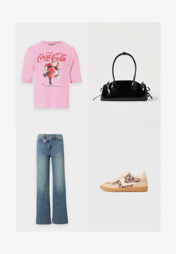 Roze shirt met vintage Coca-Cola logo, de Kerstman die een fles vasthoudt terwijl hij op een stoel zit, en een klein hertje naast hem.; Lichtblauwe denim wijduitlopende jeans met een hoge taille, lichte vervaging en een knoopsluiting aan de voorkant. Voorzien van vijf zakken en minimale stiksels.; Luipaardprint sneakers met een beige suède bovenkant, tan rubberen zool en witte accenten. Ronde neus en vetersluiting met een gestructureerde afwerking.; Kleine zwarte glanzende handtas met twee lange hengsels en zijkant trekkoord details op een effen lichte achtergrond.
