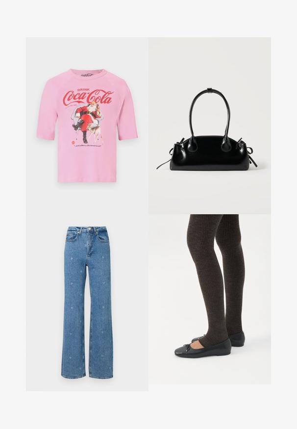 Roze shirt met vintage Coca-Cola logo, de Kerstman die een fles vasthoudt terwijl hij op een stoel zit, en een klein hertje naast hem.; Blauwe hoge taille rechte jeans met kleine witte bloemenborduursels verspreid over de stof.; Benen met donkere geribbelde leggings gecombineerd met zwarte ballerina's met kleine strikdetails op een witte achtergrond.; Kleine zwarte glanzende handtas met twee lange hengsels en zijkant trekkoord details op een effen lichte achtergrond.