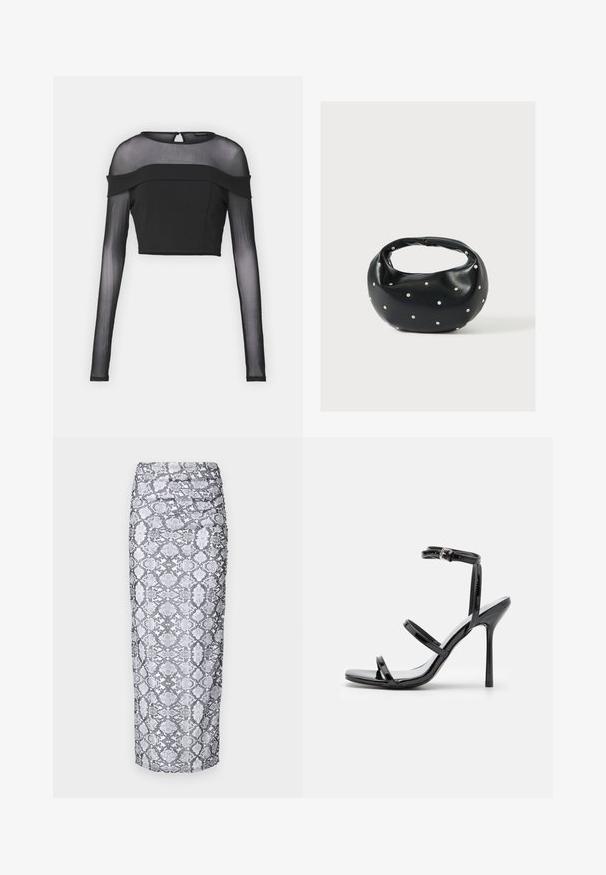Sort crop-top med lange gennemsigtige ærmer, solid krop, rund halsudskæring og off-shoulder design. Har en lukning bagpå med en lille løkke.; Python print midi nederdel i sort og hvid, med en tætsiddende silhuet og rynket tekstur langs siderne. Glat stoffinish.; Sorte patentlæder højhælede sandaler med tre horisontale stropper og en justerbar ankelstrop. Elegant silhuet og skinnende finish.; Sort læderhåndtaske med en rundet form, dekoreret med sølvnitter, og et kort håndtag. Glat tekstur og lynlåslukning.