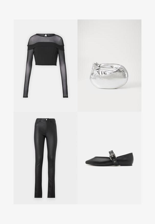 Top negro corto con mangas largas de organza, cuerpo sólido, escote redondeado y diseño descubierto en los hombros. Cuenta con un cierre en la parte posterior con un pequeño lazo.; Pantalones de imitación cuero negros con un ajuste slim, que cuentan con un cierre de botón en el frente, dos bolsillos delanteros y un dobladillo ligeramente acampanado en la parte inferior.; Zapato plano de cuero negro con punta afilada, correa lateral con hebilla plateada y tacón bajo. Textura suave y diseño minimalista.; Bolsa de pouch metálica plateada con una forma suave y redondeada y un cierre en la parte superior con un nudo. Hecha de un material de imitación de cuero suave.