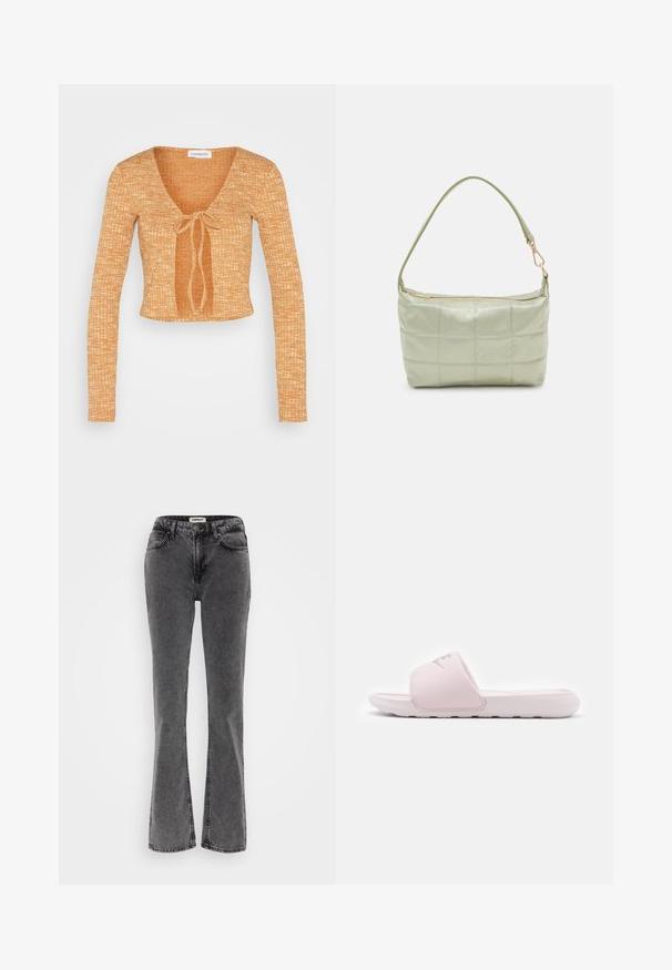 Even&Odd Pikkade varrukatega topp - orange; Kõrgema vöökohaga, laienevad teksad tumehallis denims, millel on viie-tasku disain ja kontrastne õmblus šahtide ääres.; Roosa liug sandaal, millel on paindlik kummist põhi, pehme rihm ja minimalistlik disain. Rihmal on logo ning pind on sile.; Pehmea tekstuuriga vooderdatud roheline õlavöökott, ristkülikukujuline, ühe rihmaga ja kuldse tõmblukuga. Omab tikandmustrit.