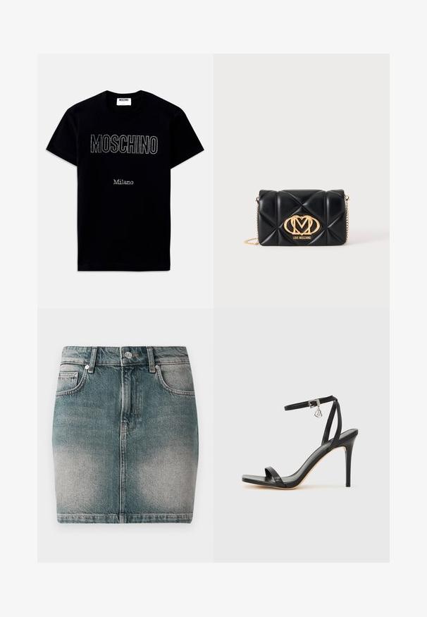 Camiseta negra de manga corta con texto "MOSCHINO" y "Milano" en pequeños cristales centrados en la parte frontal.; Falda mini de mezclilla azul con botón y cremallera en el frente, dos bolsillos frontales y detalles desgastados en los muslos.; Sandalia de tacón alto negra con una estrecha correa en el tobillo, punta cuadrada, material de cuero liso y detalle de hebilla metálica.; Bolso de mano negro de cuero acolchado con asa de cadena dorada y gran logo dorado de Love Moschino en el frente.