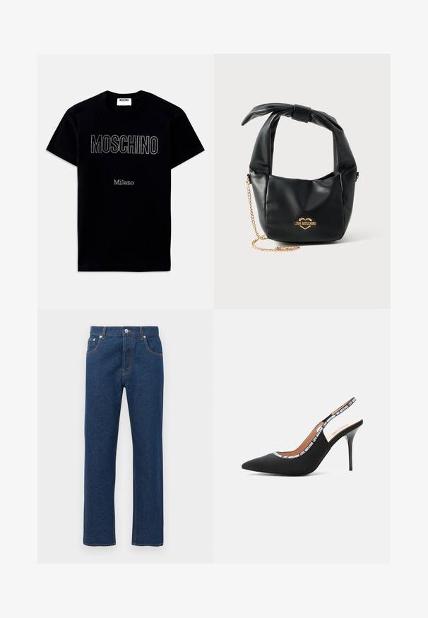 Musta lyhythihainen T-paita, jossa "MOSCHINO"- ja "Milano"-tekstit pienillä strasseilla keskellä edessä.; Suorat tummansiniset farkut, joissa on etu- ja takataskut, vyölenkit, nappisulku ja näkyvä oranssi ompelu.; Love Moschino LOGO TAPE - Korolliset avokkaat - black; Musta pehme nahkainen Love Moschino käsilaukku, jossa solmittu kahva ja kultainen ketjuhihna valkoisella taustalla.