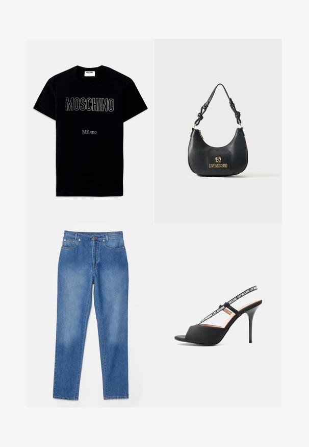 Musta lyhythihainen T-paita, jossa "MOSCHINO"- ja "Milano"-tekstit pienillä strasseilla keskellä edessä.; Siniset farkut suoran lahkeen leikkauksella, viisi taskua, kultaiset yksityiskohdat ja hienovarainen kuluminen polvien kohdalla.; Musta avopenkainen korkeakorkoinen sandaali, jossa ohuet hihnat ja „LOVE MOSCHINO“ -brändi jalan päällä ja nilkan ympärillä.; Musta nahkainen Love Moschino -laukku, jossa on kaareva muoto, solmittu olkahihna ja etuosassa kultainen logolaatta.