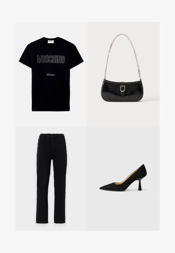 T-shirt noir à manches courtes avec les textes "MOSCHINO" et "Milano" en petits strass centrés sur le devant.; Jeans en denim noir avec des jambes droites, une taille mi-haute et cinq poches. Comprend une fermeture à bouton à l'avant et des passants de ceinture.; Pompe à talons hauts en suède noir avec un bout pointu, dotée d'un talon bloc noir brillant et d'une doublure intérieure lisse.; Sac à épaule en cuir verni noir avec détail de boucle argentée et bandoulière en chaîne argentée, présenté sur un fond uni clair.