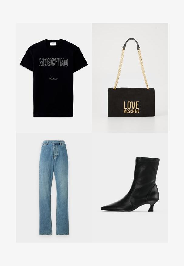 Zwart T-shirt met korte mouwen met de tekst "MOSCHINO" en "Milano" in kleine strass-steentjes gecentreerd op de voorkant.; Lichtblauwe denim jeans met een recht model, vijf zakken en een zichtbare tailleband. De textuur is iets versleten maar intact.; Zwarte leren midkuitlaars met spitse neus en lage kittenhak, zijaanzicht op een effen lichte achtergrond.; Zwarte rechthoekige handtas van gestructureerd materiaal, voorzien van een gouden kettinghengsel en het "LOVE MOSCHINO" logo in gouden letters aan de voorkant.