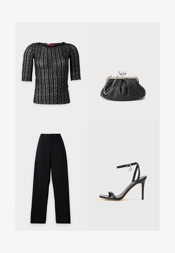 Haut court noir en dentelle avec motif de rayures ondulées verticales et encolure ronde, tissu semi-transparent sur fond uni clair.; Pantalons noirs taille haute à larges jambes avec bouton et fermeture éclair, passants de ceinture et finition en tissu lisse et propre.; Sandale à talon haut noire avec une bride étroite à la cheville, bout carré, cuir lisse et accent de boucle métallique.; Porte-monnaie en cuir noir avec texture froncée, cadre en métal argenté, fermeture à verrouillage kiss-lock et bandoulière en chaîne. Surface lisse et douce.