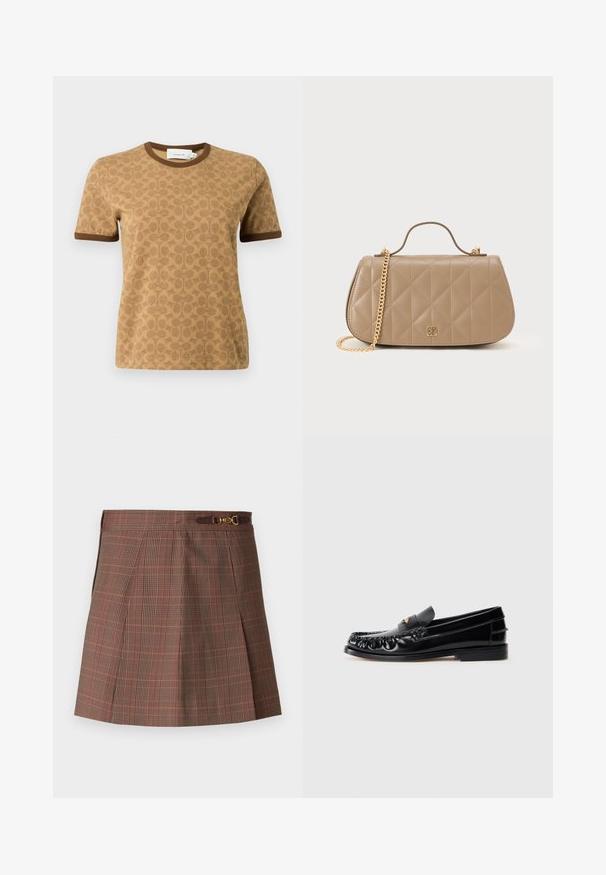 Camiseta de manga corta color tostado con ribete marrón oscuro y un sutil patrón circular en toda la prenda, cuello redondo y etiqueta visible de la marca en el interior del cuello.; Falda de cuadros marrones con acentos en naranja, con un diseño plisado, cintura ajustada y un detalle decorativo de hardware dorado en el cinturón.; Mocasines de cuero negro con puntera redondeada, costuras decorativas y un pequeño acento dorado en el empeine. Suela plana de goma, diseño elegante.; Bolso acolchado beige con una correa de cadena dorada, forma rectangular y un asa superior. Presenta un sutil logo en la parte frontal.