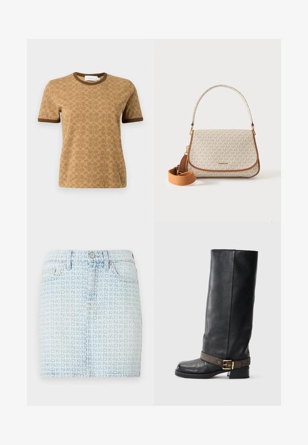 Korte mouw beige T-shirt met donkerbruine rand en een subtiel totaal cirkelpatroon, ronde hals en een zichtbaar merklabel aan de binnenkant van de kraag.; Leren rok in lichtblauw met een all-over wit logo patroon. Klassiek vijf-pocket ontwerp met een knoopsluiting aan de voorkant.; Zwarte leren laars tot de knie met een ronde neus, voorzien van een bruine patroonriem en gouden hardwaredetails bij de enkel.; Crème- en bruine Michael Kors handtas met "MK" patroon, bovenhandvat en afneembare brede bruine schouderriem op een witte achtergrond.