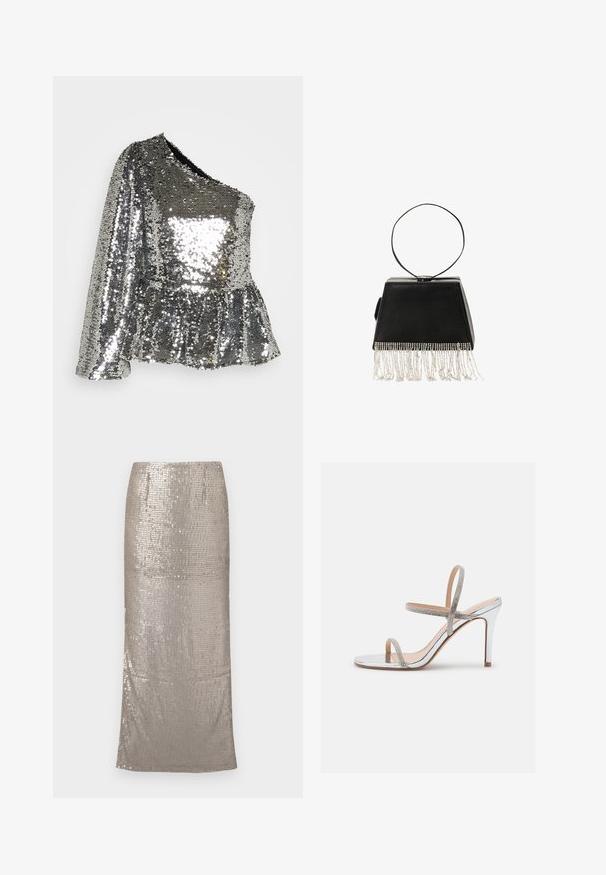Sofie Schnoor Topp - silver-coloured; Kärgelt sädelev hõbedane midi seelik, mis on kaetud sädelustega, omades sirget siluetti ja allääret, mis ulatub põlvest allapoole. Sile tekstuur.; Madden Girl WISE - Kõrge kontsaga sandaalid - silver; Must mustran nahkakott tekstureeritud pinnaga, püramiidikujuline ja hõbedaste äärtega alt. Omab ümmargust käepidet.