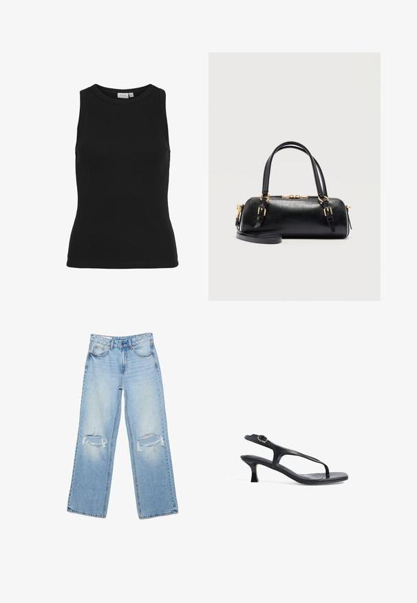 VILA Sleeveless VISOLA Round neck - Top - black beauty; Lyseblå denimjeans med høj talje, lige ben og store slidte huller på begge knæ.; Sort læder sandal med et slankt design, tynde stropper og en lille hæl. Har en spænde detaljer og en glat, tekstureret indersål.; Sort rektangulær læderhåndtaske med guldspænder, dobbelte håndtag, aftagelig skulderrem og lynlås lukning på hvid baggrund.