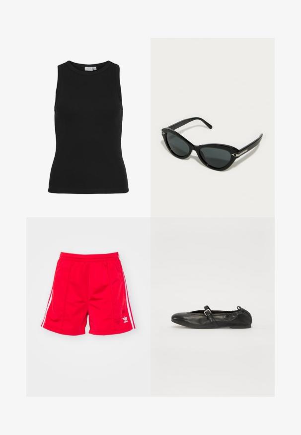 VILA Sleeveless VISOLA Round neck - Top - black beauty; Røde sports shorts med elastisk talje, der har hvide sideløbninger og et broderet logo nederst til venstre. Glat tekstur.; Sort læderballetsko med rund tå, justerbar rem og spænde, samt elastisk hæl for en tætsiddende pasform.; Sorte katteøje solbriller med mørke linser, blank plastikramme og sølvfarvede hardware-detaljer på stængerne. Glat tekstur hele vejen igen.