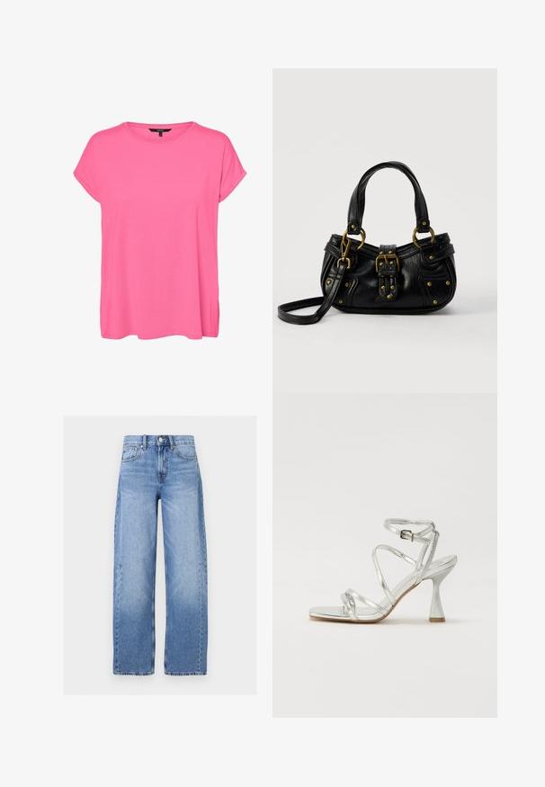 Lyserød kortærmet T-shirt til kvinder med rund halsudskæring og opkørte ærmekanter, lavet af blødt stof.; Høj talje, lyseblå denim jeans med vide ben, forreste knapper og lynlås, bæltestropper og fem-lomme-design.; Sølv høje hæle sandaler med flere krydsschooler, en spændeankelrem og en skulptureret hæl, med en skinnende metallisk finish.; Sort læderhåndtaske med guldbælge og nitdetaljer, korte håndtag og en justerbar skulderrem på en ensfarvet hvid baggrund.