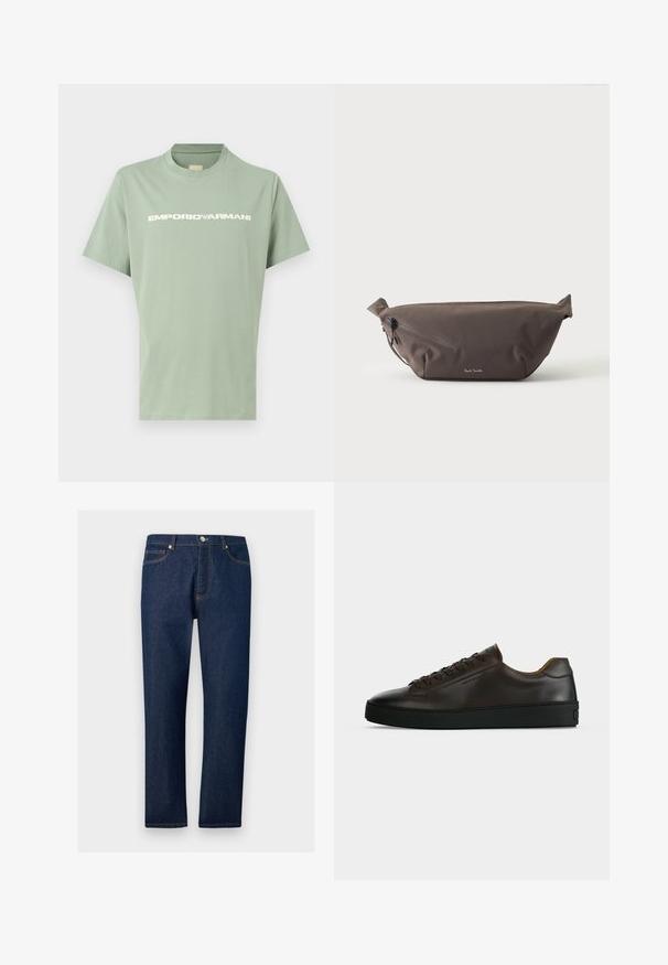 T-shirt vert clair à manches courtes avec col rond et logo EMPORIO ARMANI blanc sur la poitrine, présenté sur un fond uni.; Jean droit en denim bleu foncé avec poches avant et arrière, passants pour ceinture et fermeture par bouton à la taille.; Baskets basses en cuir marron foncé avec semelle en caoutchouc noire, lacets à l'avant et design minimaliste épuré sur fond clair.; Sac banane en tissu marron foncé avec poche zippée en diagonale et petit logo blanc sur le devant, sur un fond clair uni.