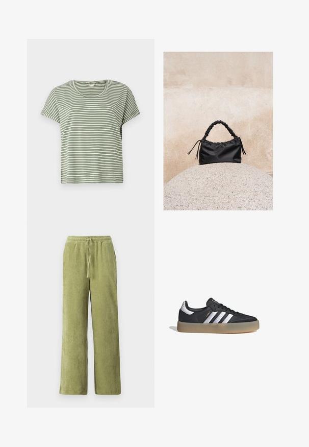 Camiseta de rayas verdes, de manga corta, con escote redondeado, hecha de tela suave. Presenta rayas alternas en blanco y verde.; Pantalones de pana verde con un diseño de pierna ancha, cinturilla elástica y detalle de cordón. Las líneas verticales en la tela crean textura.; Zapatilla deportiva de cuero negro con tres rayas plateadas, punta texturizada y suela de goma. Cuenta con un collar acolchado y un diseño con cordones.; Bolso negro fruncido con asa recogida, apoyado sobre una esfera de piedra texturizada frente a una pared de hormigón beige.