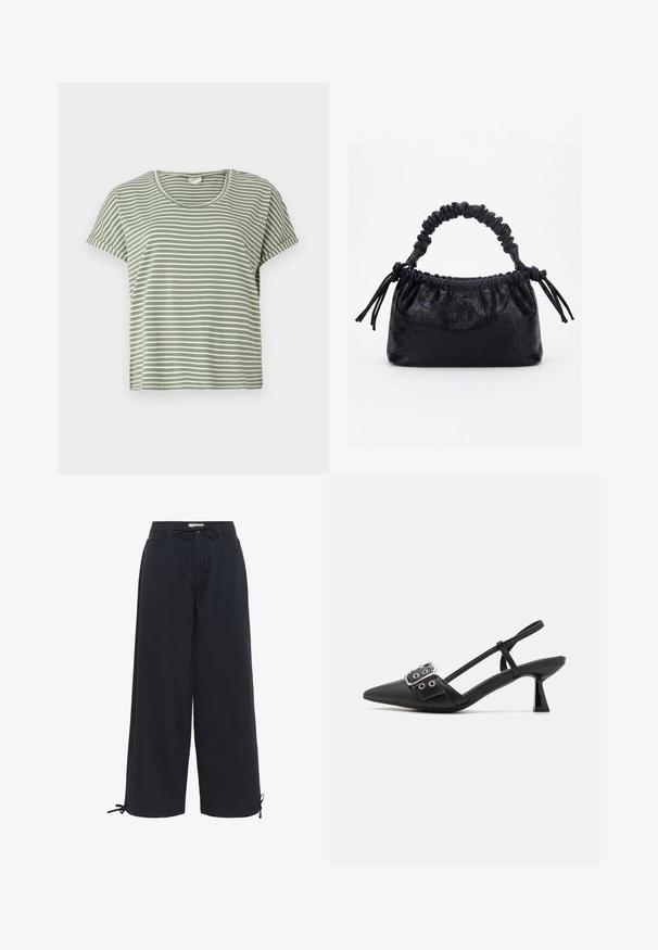T-shirt vert à rayures, manches courtes, col rond, fabriqué en tissu doux. Présente des rayures blanches et vertes alternées.; Pantalon court large noir avec poches avant, taille à cordon et liens ajustables aux ourlets des chevilles.; Simmi London DALA - Escarpins - black; Sac à main noir avec texture crocodile, bord supérieur froncé, poignée plissée et pompons à cordon de chaque côté sur fond blanc.