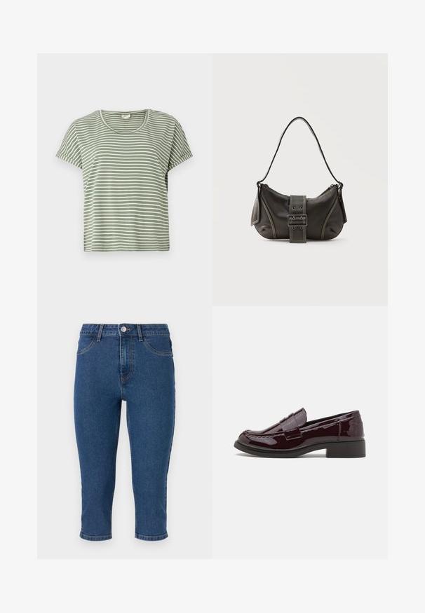 Camiseta de rayas verdes, de manga corta, con escote redondeado, hecha de tela suave. Presenta rayas alternas en blanco y verde.; Pantalones capri de mezclilla azul oscuro con cintura alta, cinco bolsillos y costuras en contraste. Presentan un solo botón de metal y un ligero estrechamiento en el dobladillo.; Mocasines de charol burdeos con un bajo tacón en bloque, que presentan costuras tradicionales y un acento de correa a través del empeine.; Bolso de hombro de cuero negro con detalle de correa con hebilla, bordes curvos y costuras blancas en contraste sobre un fondo liso.