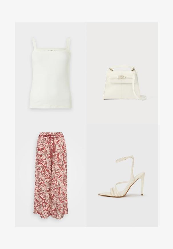 Hvid ribstrikket tanktop med smalle skulderstropper og en lige halsudskæring, vist på en ensfarvet baggrund.; Vero Moda Petite VMBALI WIDE PANTS - Bukser - marsala; Beige sandaler med høje hæle og spids tå, med tre stropper foran og en tynd ankelrem med spænde. Glat tekstur, minimalistisk design.; Hvid læderhåndtaske med en struktureret form, top håndtag, aftagelig skulderrem og en sølv spænde lukning. Glat tekstur, minimalistisk design.